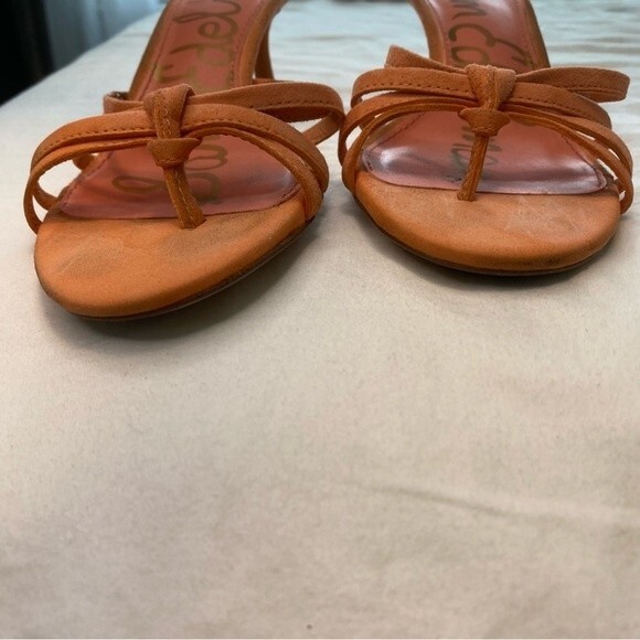 Sam Edelman Jedda Gold Logo Designer Melon Leather Suede Strappy Heels SZ 6 - Picture 8 of 13